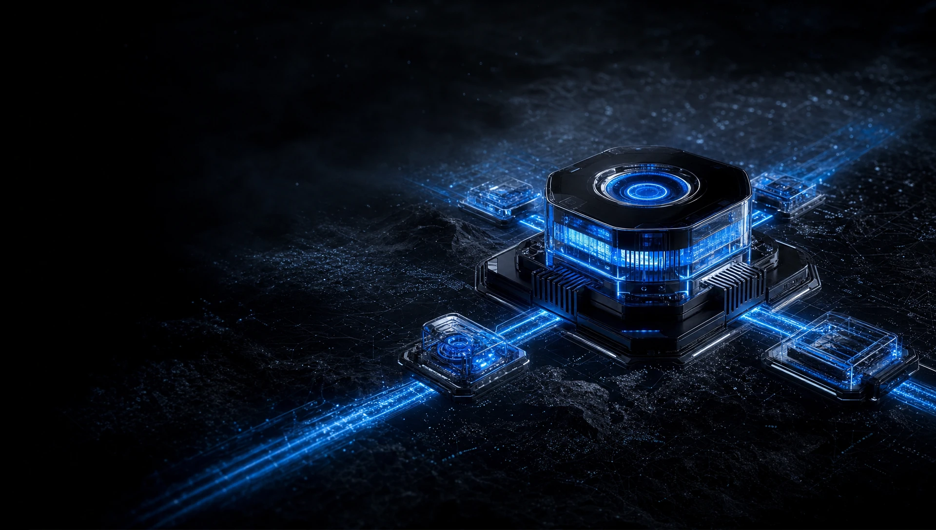 A central glowing core wired out to connected modules across a dark plane