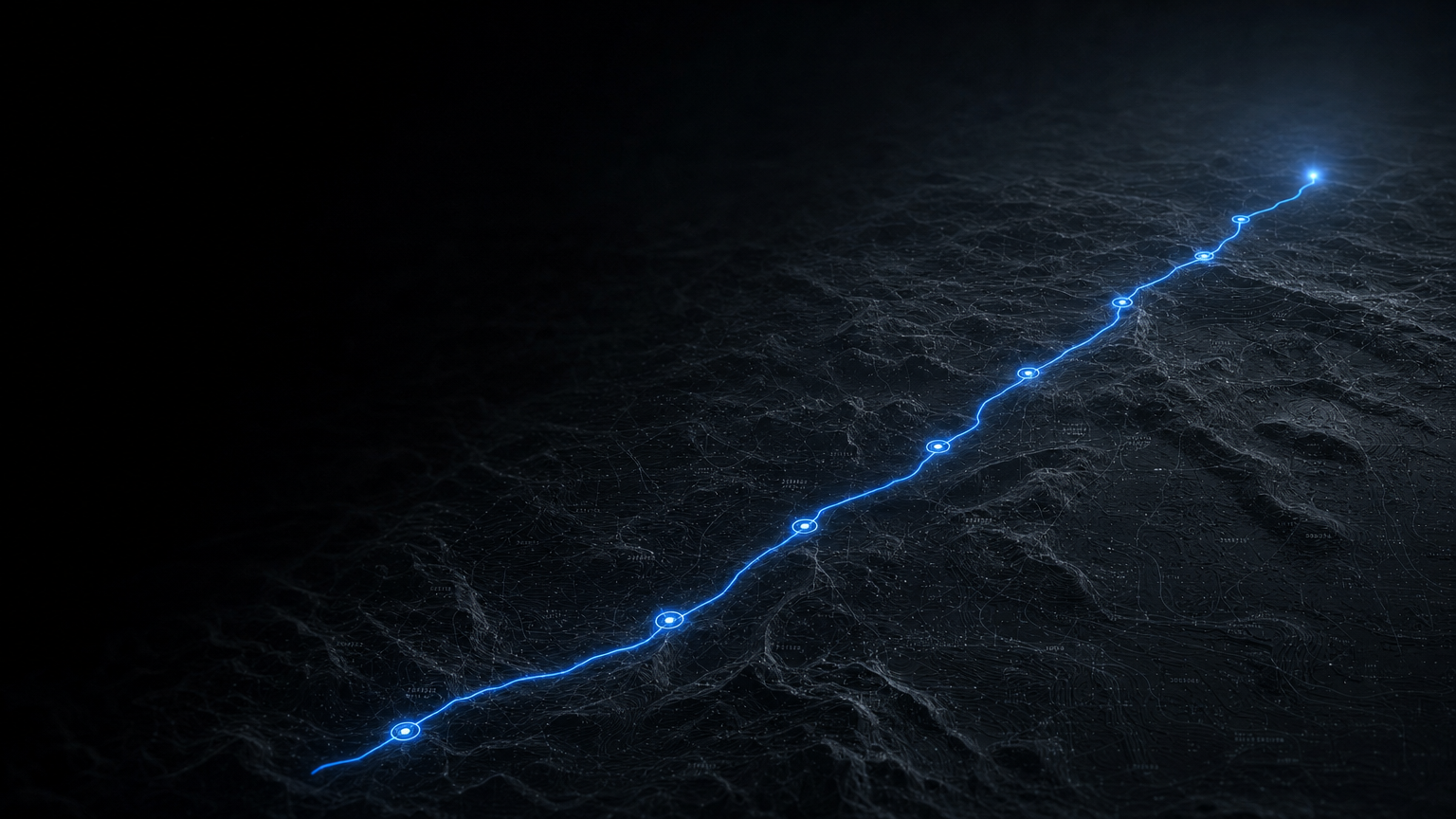 A lit trail climbing across dark terrain to a glowing beacon at the summit