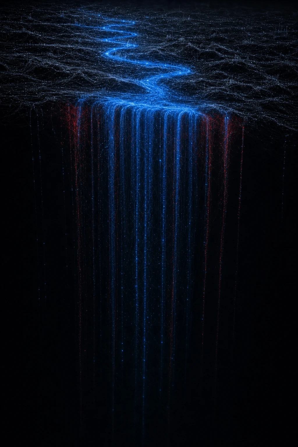 Data cascading off a cliff edge, red streaks of margin leaking away into the dark