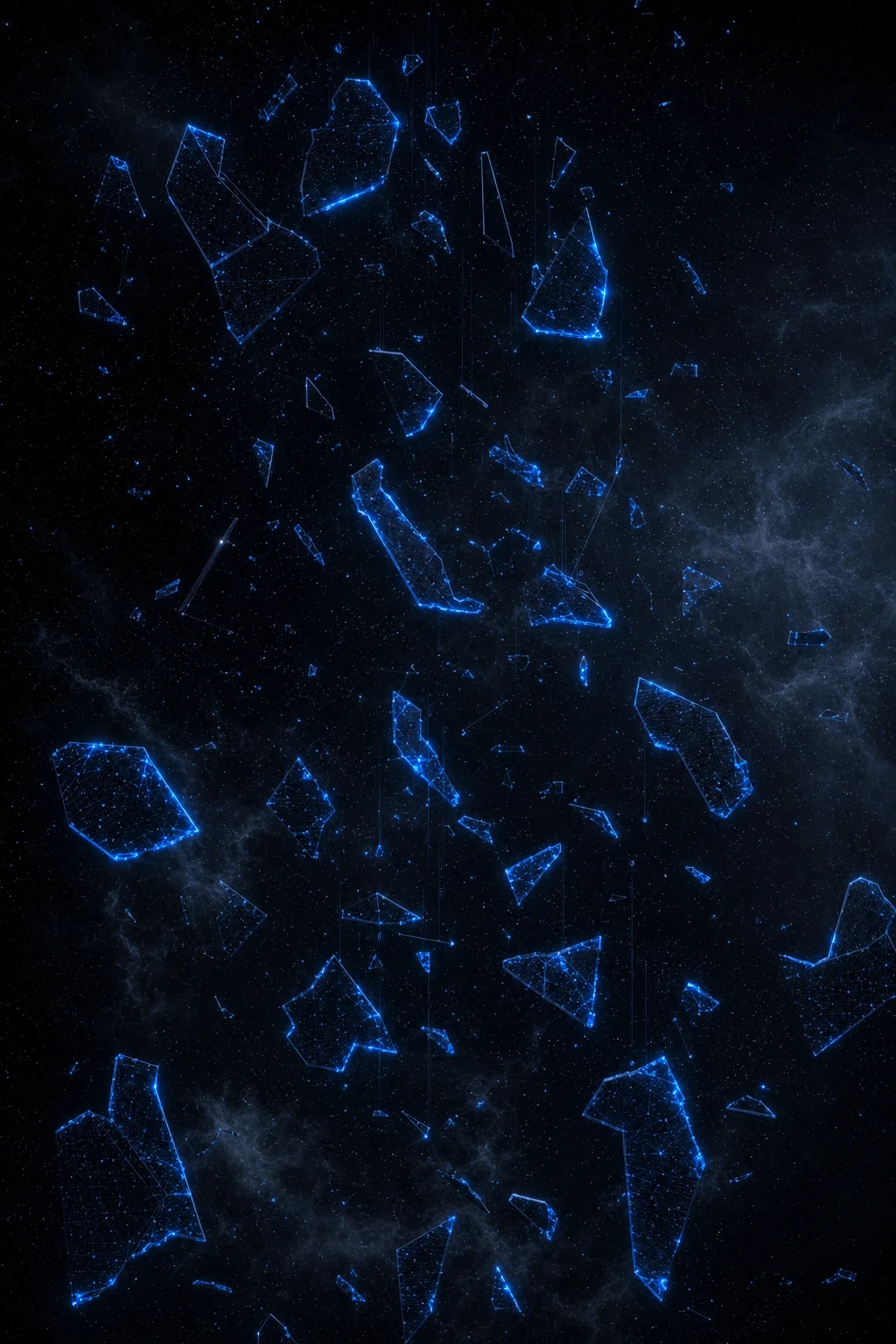 Shards of blue data breaking apart and drifting in the dark